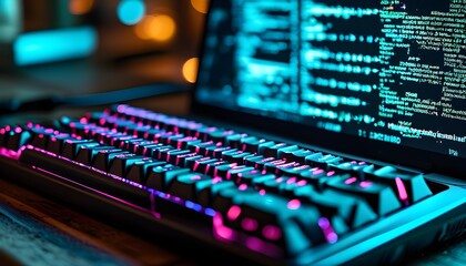 Wall Mural - Illuminated Laptop Keyboard Close-Up Featuring HTML Code, Emphasizing Nighttime Coding and Web Development Vibe