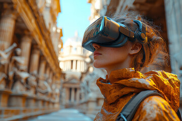 Poster - a vr headset user exploring an ancient, digitally recreated cityscape, experiencing historical landm