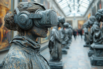 Poster - a virtual art gallery showcasing digital sculptures and paintings, with visitors exploring and inter