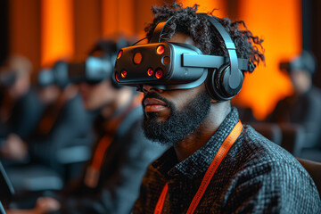 Poster - A user attending a virtual reality conference, networking and participating in discussions within a digital meeting room. Concept of VR networking.