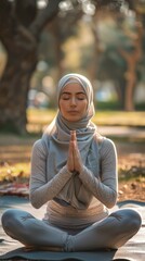 Poster - A woman is sitting on the ground with her hands together in front of her face