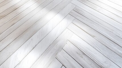 Close-up of white wood planks arranged in a neat chevron parquet pattern creating a clean and modern texture