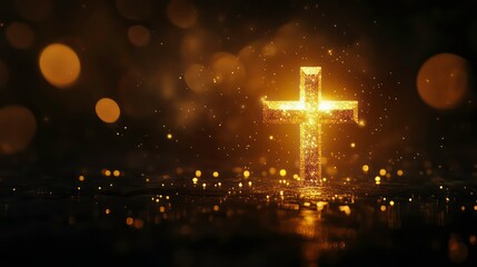 Golden Cross Symbol with Bokeh Lights on a Black Background.