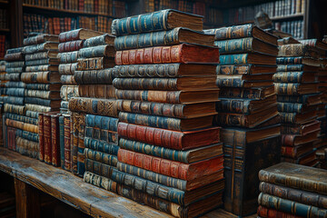 Poster - a nostalgic library filled with classic hardcover books and old encyclopedias, reflecting the pre-di