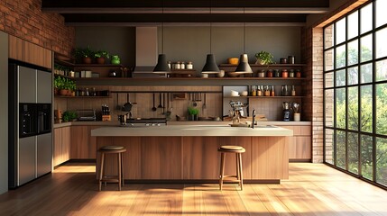 Modern Minimalist Kitchen Room with Wooden Table, luxurious Interior Design, Furniture with Background