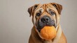 © MakoPoko - Portrait of a shar-pei dog holding a toy in its mouth on a clean neutral background creating a playful and cute expression