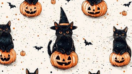 Whimsical Halloween pattern featuring cats and pumpkins