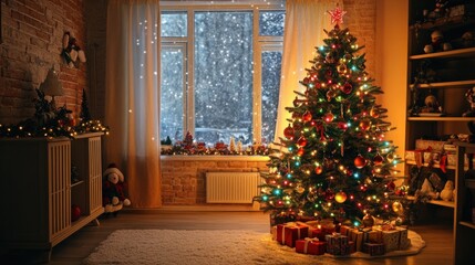 Decorated Christmas tree with colorful ornaments and bright fairy lights in a cozy, festive room.