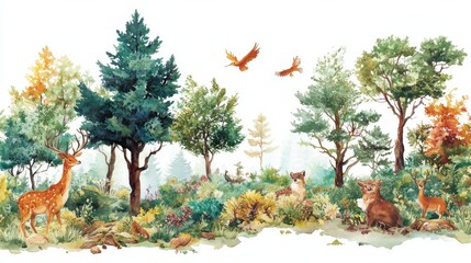 Poster - A serene forest landscape showcasing wildlife with deer, owls, and hawks amidst lush greenery and vibrant fall colors