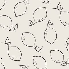 Wall Mural - Abstract lemons seamless pattern. Bold brush line lemon tree branches with fruits and leaves, minimal organic citrus print for fabric wrapping. Vector texture