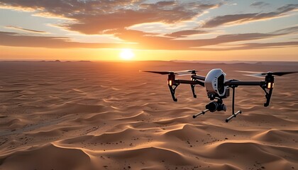 Aerial view of desert landscape illuminated by vibrant sunset colors