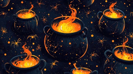 Magical cauldrons bubbling in a starry night pattern