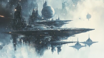 Poster - Futuristic cityscape with floating structures and celestial bodies in a cosmic landscape