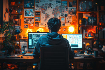 Poster - A young professional working late into the night, with a well-organized desk and a motivational quote on the wall, emphasizing dedication and perseverance.