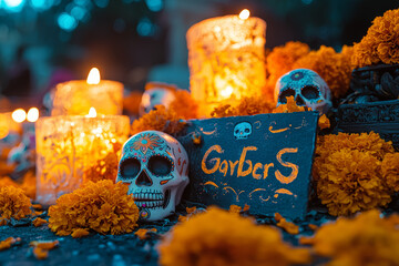 Poster - A vibrant altar adorned with marigolds, candles, and sugar skulls, celebrating the Day of the Dead with traditional offerings. Concept of honoring ancestors and cultural traditions.