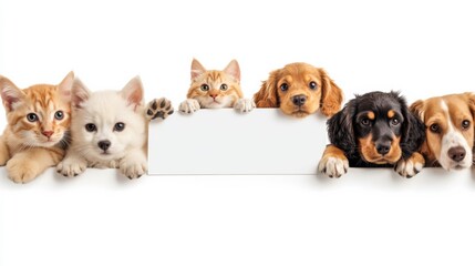 A playful row of curious cats and dogs peek over the edge of a blank white sign, showcasing their adorable faces and paws. An inviting backdrop for any message.