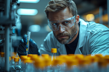 Poster - a scientist conducting an experiment in a lab, with test tubes and equipment arranged neatly on a co
