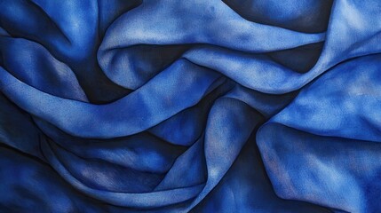 Poster - Deep blue fabric draped elegantly, showcasing rich textures and folds under natural light