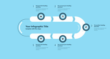 Aufkleber - Infographic progress diagram with five steps with numbers and minimalistic icons - blue version. Can be used for your website or presentation.