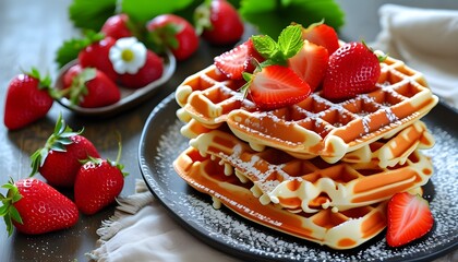 delicious waffles topped with fresh, juicy strawberries