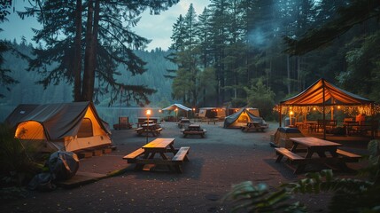this peaceful camping area features illuminated tents and picnic tables, creating a welcoming atmosp
