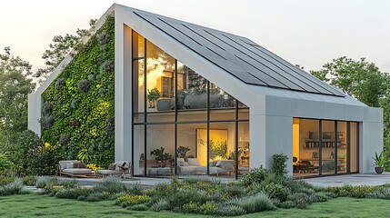 A futuristic sustainable eco-home with solar panels integrated into the sloping roof, a green wall covered in vegetation, and large windows allowing natural light to flood the open living space,