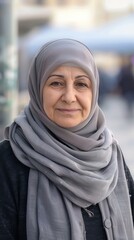 Poster - A woman wearing a grey scarf and a grey head scarf