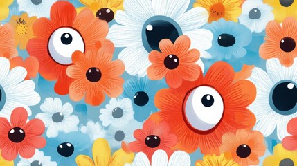 Poster - Vibrant floral pattern featuring colorful flowers with large eyes against a blue background