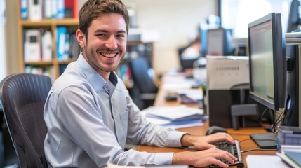 Fototapete - A man is smiling and sitting at a desk with a keyboard and a computer monitor