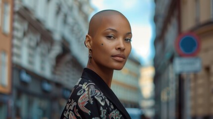 Poster - A woman with a shaved head stands in front of a building