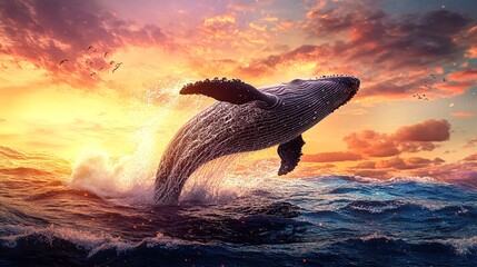 Wall Mural - a humpback whale leaps from the ocean as the sun sets, creating a majestic silhouette against the fi
