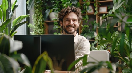 Poster - A man is sitting in front of a computer monitor with a smile on his face