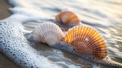 Poster - Colorful seashells resting on wet sand as gentle waves wash over them during a serene sunset at the beach