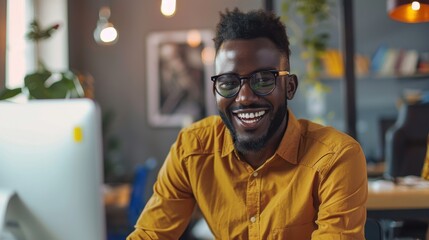 Fototapete - A man wearing glasses and a yellow shirt is smiling at the camera