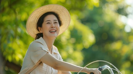 Poster - A woman is riding a bicycle with a straw hat on