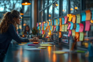 Poster - a group of professionals participating in a creative brainstorming session, using colorful post-it n