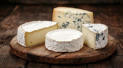 Poster - A variety of artisan cheeses displayed on a rustic wooden board, showcasing different textures and flavors for cheese lovers