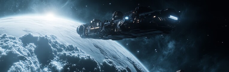 Poster - A futuristic spacecraft glides through the starry expanse above a vibrant planet, showcasing advanced technology and cosmic wonder
