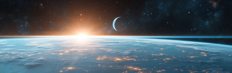 Aufkleber - Sunrise over Earth, capturing the vibrant atmosphere and distant moon from the perspective of outer space