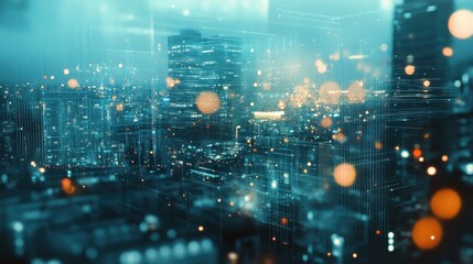 Poster - A dynamic urban landscape illuminated by glowing lights and digital overlays at night in a bustling city