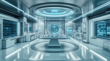 Aufkleber - Futuristic laboratory with advanced technology and glowing interfaces in a sleek environment