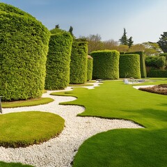 Pristine Garden Landscape with Manicured Hedges and Lush Green Lawns