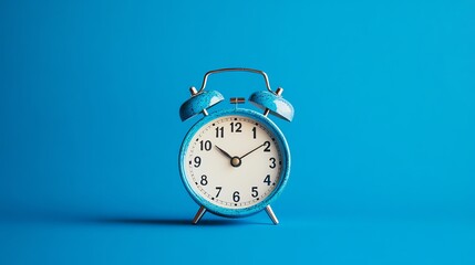 A blue alarm clock on a blue background.