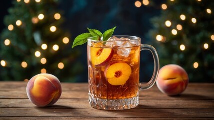 Refreshing iced tea with peach slices and mint on wooden table for christmas