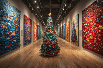 Aufkleber - A contemporary art gallery showcasing Christmas-themed installations using abstract and multimedia techniques. Concept of artistic holiday expressions.