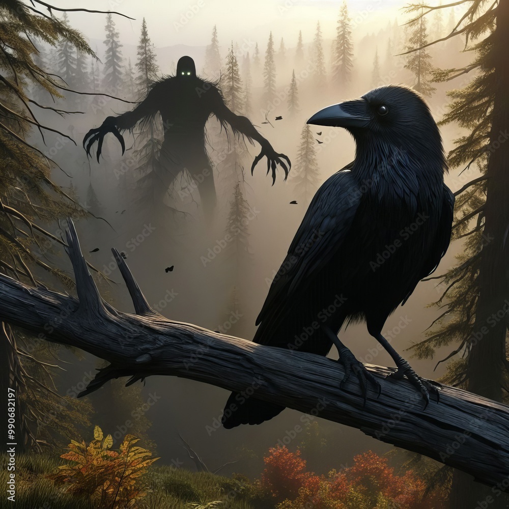 In a foggy, eerie forest, a raven perches on a fallen branch, observing ...