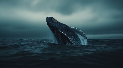 Wall Mural - a humpback whale breaches the surface of the ocean, its massive body silhouetted against a stormy sk