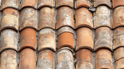 Aufkleber - Traditional terracotta roof tiles arranged neatly on a rural building in serene countryside under overcast weather conditions