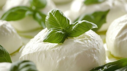 Poster - Fresh mozzarella balls topped with basil leaves on a white plate ready for a delicious appetizer