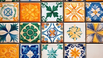 Poster - Colorful ceramic tiles showcasing intricate designs in a close-up arrangement that highlights traditional craftsmanship